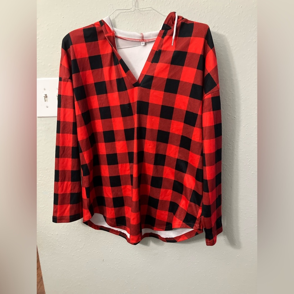 Red and Black Plaid V-Neck Top